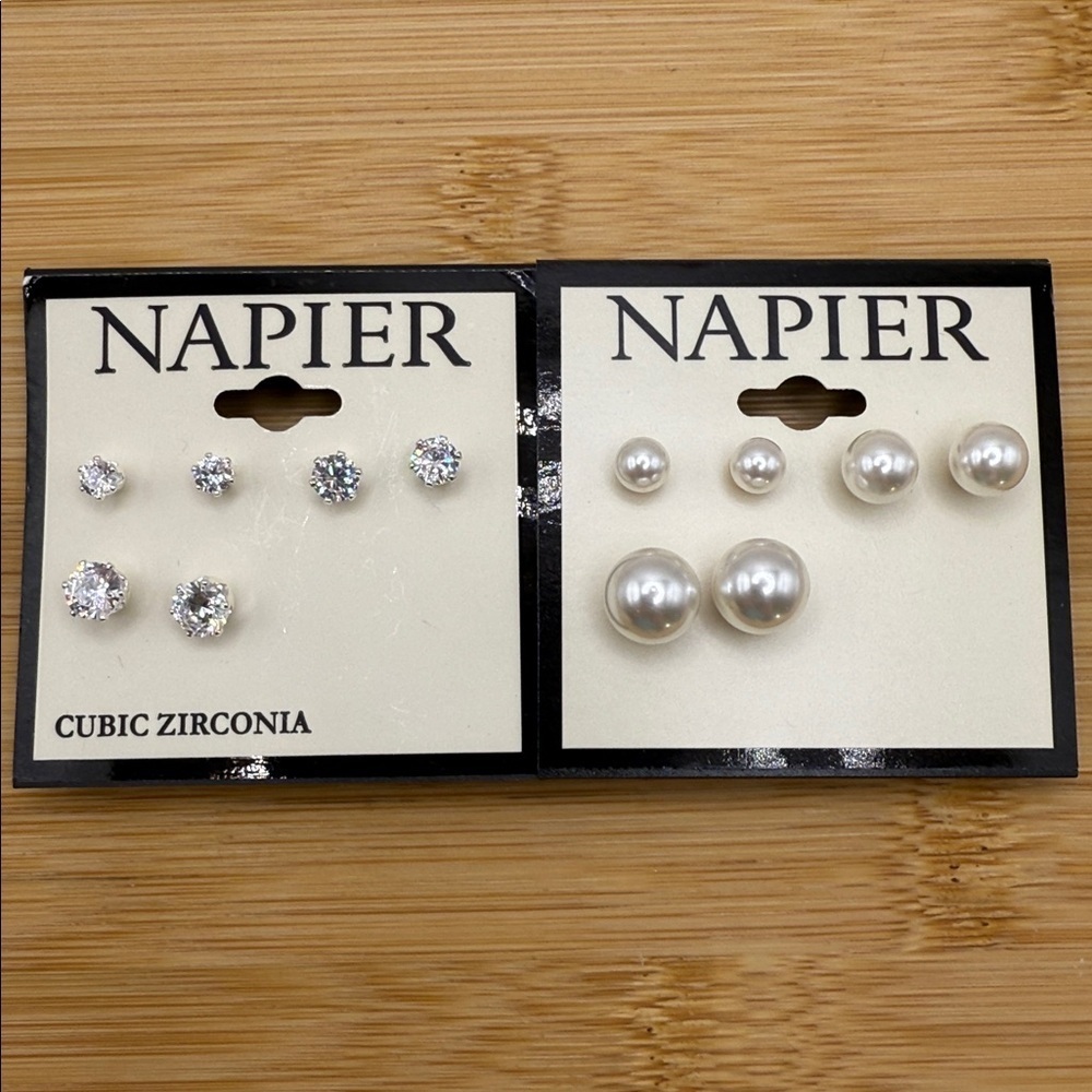 Lot of 2 NWT Napier Earring Trios - Cubic Zirconia & White Simulated Pearls